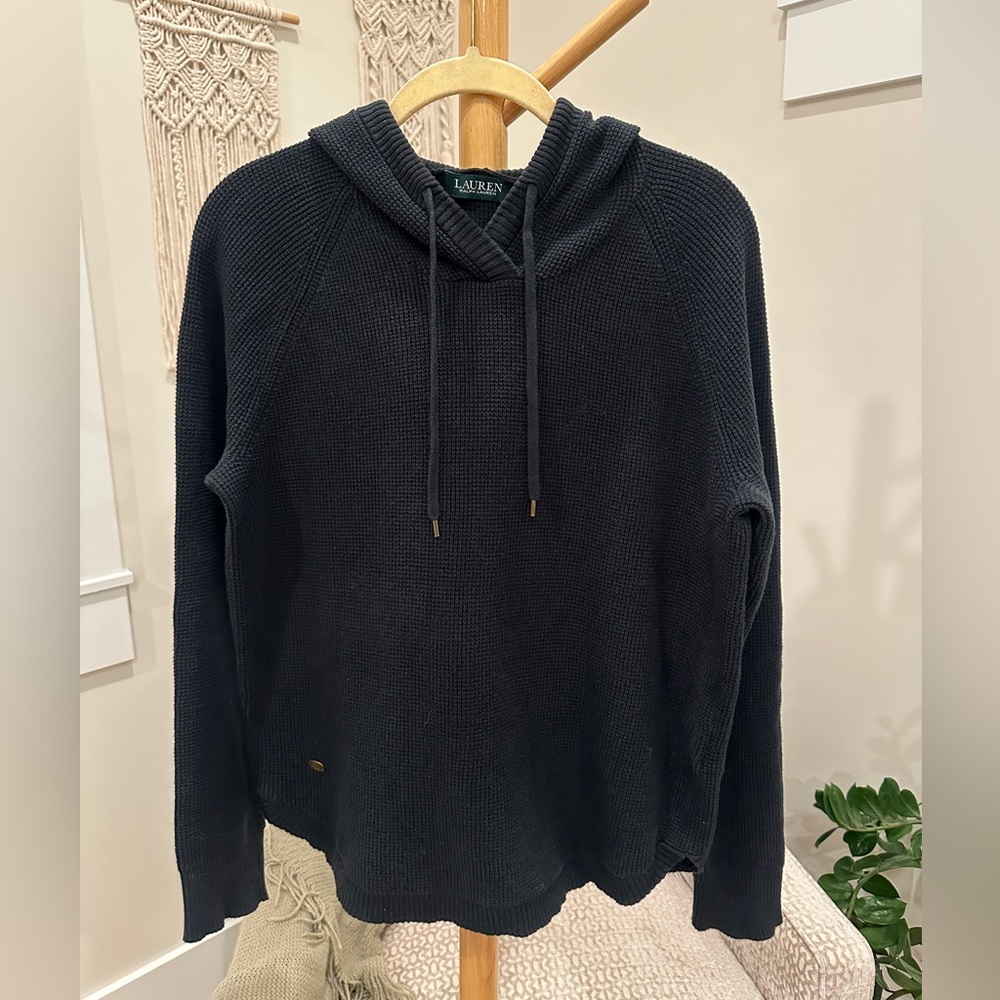 Lauren Ralph Lauren Black Knit Hoodie Cotton Waffle Texture Relaxed Fit Size L